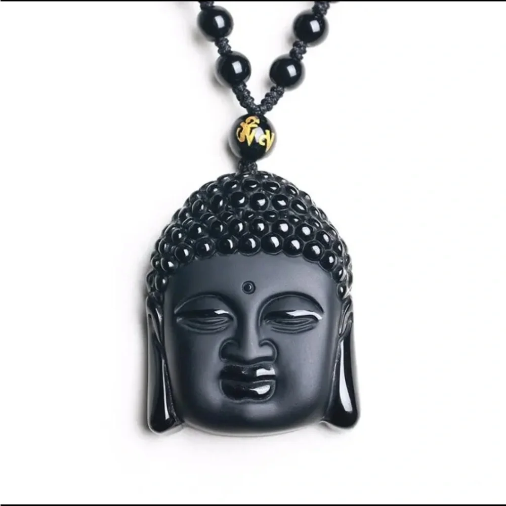 Bodhisattva carved obsidian necklace